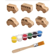 Ahşap Oyuncak 6 Araba Seti 6 Boya Seti Ve Fırça Hediyeli