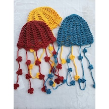 Elmundo Butik Kız Çocuk Örgü Bone / Sarkıtlı / Takke Saks Mavisi