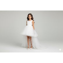 Star Kids Fashion Kız Çocuk Beyaz Kuyruklu Saten Elbise,kız Çocuk Mezuniyet Elbisesi ,abiye Elbise