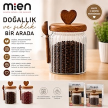 Mien 570-460 Ml İkili Akasya Kapaklı Kaşıklı Cam Kavanoz Seti Akasya Standlı Şeffat Cam - Akasya Ahşap Kapak