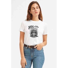 Ride Or Die Motorsiklet Motor Baskılı Beyaz Kadın Tshirt