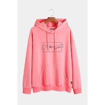 Unisex Pembe Kapüşonlu Adem'in Yaratılışı Baskılı Slim Fit Kanguru Cepli Sweatshirt Pembe