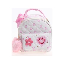 Myballistore Kapitoneli Beyaz Kalp Desenli Pembe Fiyonklu Mini Sırt Çantası 20x18cm