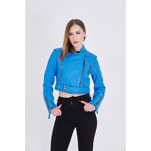 M M Marki Marki Kadın Mavi Hakiki Deri Crop Ceket Biker Stil, Kruvaze Yaka, Kemerli, 52 Cm - 117622