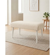 Krem Keten Kumaş Bench Puf 90x45x46 Cm Ahşap Beyaz Ayaklı Demonte Modern Yatak Ucu Bench Oturma Bankı Antre Koridor Pufu