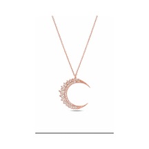 Çekirdekjewelry 925 Ayar Gümüş Rose Altın Kaplama Taşlı Hilal Kolye Zirkon Taşlı Ay Model Kadın Kolye Pembe