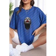 Uyguntarz Unisex Pırlantalı Kadın Portresi Tasarım Basklı Tshirt Mavi