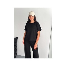 Gugus Kadın Modal Alt/üst Takım Kısa Kollu T-shirt Bol Paça Eşofman Wide Lege Model Siyah
