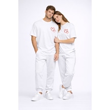 Sevgili Kombini Kalp Baskılı Oversize Çift Tişört Unisex Uyumlu P Beyaz
