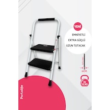Portalife 2 Basamaklı Uzun Tutacaklı Şık Beyaz Çelik Merdiven - Katlanır 100 Cm'ye Kadar