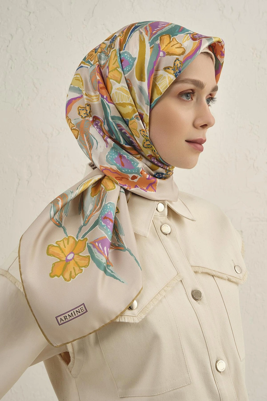 Armine Çiçek Desenli Saf İpek Twill Eşarp 9332d 07 Çok Renkli