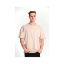 Unisex Düz Biskilet Yaka Oversize T-shirt - Bej 001