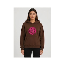 Herkesemoda Jesus Love Baskılı Kapüşonlu 2 İplik Şardonlu Sweatshirt Kahverengi
