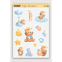 Sevimli Kaplan Sticker Seti - 12 Adet Etiket Çıkartma Çok Renkli