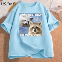 Flood Of Style Komik Meme Tshirt Bazen Düşünüyorum Ama Sonra Komik Çöp Unutmak Rakun Kedi T-shirt Koyu Mizah Mavi