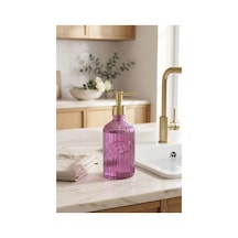 Glassy Dekoratif Cam Sabunluk Gold Pompalı Vintage Çizgili Sıvı Sabun Ve Deterjan Dispenseri - 21.5 Cm X 8 Cm - Mor