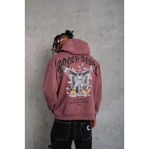 Erkek 3 İplik Pamuklu Baskılı Kapüşonlu Cepli Sweatshirt Hoodie - Gül Kurusu Gülkurusu