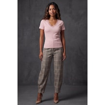 Pudra V Yaka Dantelli Slim Fit Kadın Tişört Mg2683 Pudra