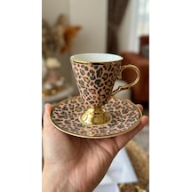Alfafe Home Leopar Desenli Ayaklı Porselen Kahve Fincanı Takımı 6 Kişilik Altın Yaldızlı Fincan Seti Pembe