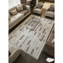 Konak Halı Modern Salon Halısı Geometrik Desenli Kahve Krem Emboss Kaymaz Taban Saçaklı kahve