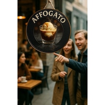 Affogato Temalı Yuvarlak Cafe Tabelası, Jüt İpli Ahşap Duvar & Kapı Dekoru, Barista Tarzı Süs