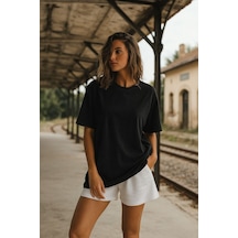 Kadın Siyah %100 Pamuk Oversize Basic Tişört Rahat Kalıp Relaxed Bisiklet Yaka T-shirt Çok Renkli