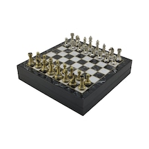 Gifthome Orta Boy Parlak Metal Klasik Satranç Takımı Ve Mermer Desenli Sandıklı Mdf Tahtası 30x30x6 Cm.