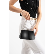 Lebibe Shoes Polkıa Siyah Saten Kumaş Puantiye Desenli Zincir Askılı Klips Kapamalı Clutch Çanta