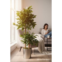 Yapay Çiçek Metal Saksıda Benjamin Salon Balkon Ev Ağacı Yeşil Bitkisi Bambu Gövdeli 180-140 Cm Çok Renkli