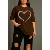 Love Kadın Büyük Beden Battal Baskılı Bisiklet Yaka Pamuklu T-shirt Rahat Kesim Unisex Sevgili Kombini Kahve