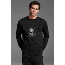 Skull Rose Baskılı Siyah Erkek Örme Sweatshirt
