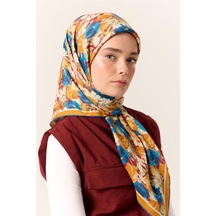 Silk Home Organik Pamuk İpek Eşarp Çilek Kırmızısı Gök Mavi Çiçek Desenli Tok Duruşlu 90x90 Çok Renkli