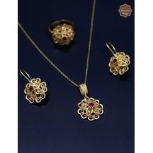 Yakut Taşlı Gül Model Kadın 925 Ayar Gümüş Telkari Üçlü Set 201025206 Gümüş