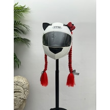 Motor & Motosiklet Kırmızı Simli Çift Örgü Saç Ve Kırmızı Fiyonklu Kedi Kulak Set Kask Dış Aksesuarı Diğer