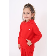 Kız Çocuk Relax Fit Kapüşonlu Cepli Baskılı Sweatshirt - 2 İplik Kırmızı