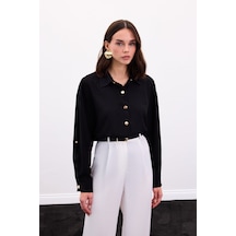 Sateen Çıtçıt Detaylı Gömlek - Siyah-136896 Siyah