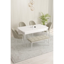 Rovena Olbia Beyaz 80x132 Açılabilir Mutfak Masası Takımı 4 Sandalye, 1 Bench Krem 1431