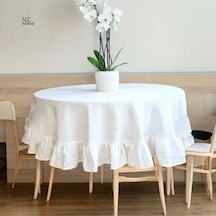 Dnc Home Tekstil  Premium Beyaz Keten Fırfırlı Yuvarlak Masa Örtüsü 001