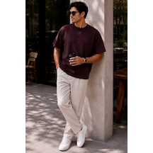 Bbbutikbasic Erkek Oversize Basic Bisiklet Yaka Pamuklu Tişört My3535 Kahverengi