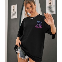 Aselinda Ayıcık Baskılı Özel Tasarım Bisiklet Yaka Pamuklu T-shirt Siyah