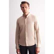 İmza Bej Uzun Kol Düğmeli Yaka Kendinden Desenli Pamuklu Slim Fit Gömlek 1004255267 Bej