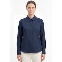 Goffra Kadın Pure 50/1 Kompakt Pamuk Likralı Gömlek - Pürüzsüz Doku Minimalist Klasik Kesim Lacivert W205-k0304-02