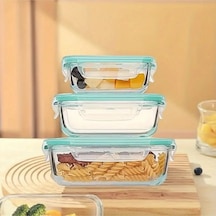 3 Lü Set 1520-1040ml-700ml Bor Cam Kilitli Vakumlu Dikdörtgen Hava Geçirmez Kapaklı Saklama Kabı Mavi