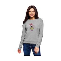 Baykuş Kız Pembe Baskılı Gri Kadın Sweatshirt