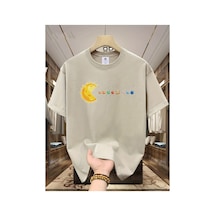 Caddemia Yaz Moda Rahat Gevşek Güneş Sistemi Gezegenler Baskı Spor Yuvarlak Boyun K Bej 2XL