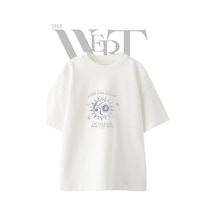 Thewert Ay Gunes Yuz Tasarım Baskılı Ünisex Beyaz Oversize T-shirt