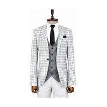 Wessi Gri Yelekli Slim Fit Ekose Açık Gri Erkek Takım Elbise Açık Gri