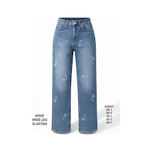 Miss Poem Kadın Buz Mavi Taş Detaylı Yüksek Bel Wide Leg Jean Pantolon