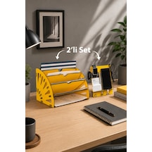 Quarter Masaüstü Organizer Ve Telefon Standı 2'li Set Ahşap Dosya Düzenleyici Dekoratif Dairesel Evrak Rafı Sarı - 901034195 Sarı