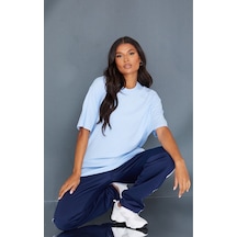 Düz Süprem T-shirt - Bebe Mavisi Oversize Bisiklet Yaka Kısa Kol Tişört Bebe Mavi